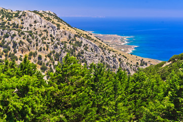 Landscape, mountains and view at Lybian sea coast at south side of Crete island, Greece