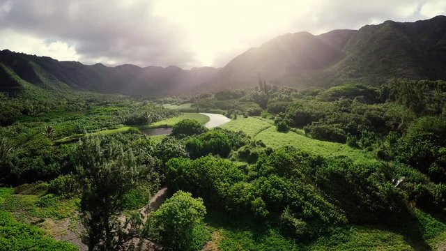 Amazing Lighting Aerial Flight Over Hawaii Rainforest Tropical River Valley