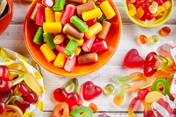 Overhead view of colorful licorice in round bowl