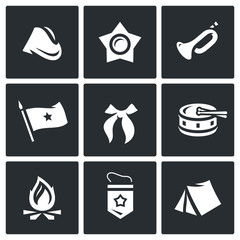 Vector Set of Soviet organization Pioneer Icons. Cap, Oktyabrenok, Trumpet, Banner, Tie, Drum, Bonfire, Pennant, Camp.