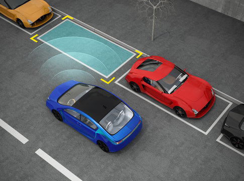 Blue electric car driving into parking lot with parking assist system. 3D rendering image.
