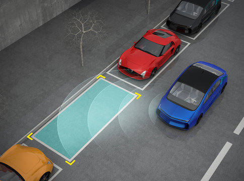 Blue electric car driving into parking lot with parking assist system. 3D rendering image.