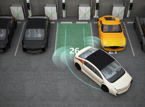 White electric car driving into parking lot with parking assist system. 3D rendering image.