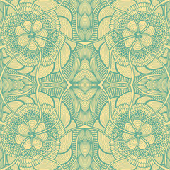 Seamless pattern in  Zen-doodle style in beige marine blue