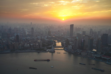 Bird's eye view of shanghai at sunset glow