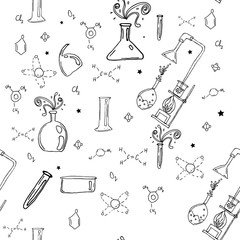 Vector seamless pattern with hand drawn glass flasks. Uncolored bottles.