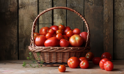 Ripe tomatoes in a basket on table, still life in rustic style.
