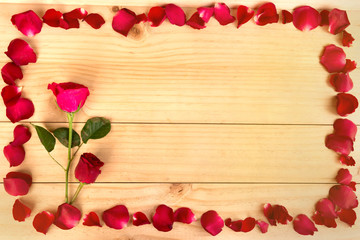 Frame shape made out of rose petals on wood background, Valentin