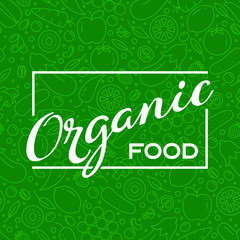Organic food lettering on a seamless pattern. Seamless pattern with different types of fruits and vegetables in line style.