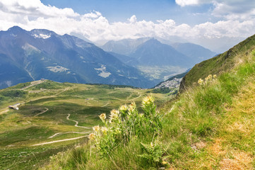 Beautiful idyllic Alps landscape and trail, mountains in summer, Switzerland
