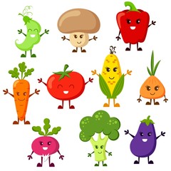Cartoon vegetable characters. Tomato, broccoli, eggplant, peppers, carrots, onion, radish, corn, peas, champignon