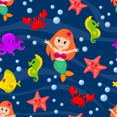 Fototapeta na wymiar Seamless pattern with mermaid and sea animals