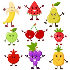 Cartoon fruit characters. Grape, watermelon, apple, strawberry, banana, cherry, pear, pineapple, garnet