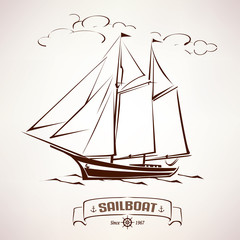 sailboat, vintage wooden ship vector sketch