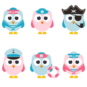 set of sailor owls isolated on white