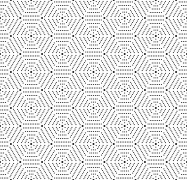 Geometric repeating vector ornament with black hexagonal dotted elements. Seamless abstract modern pattern