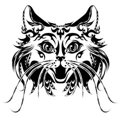 Vector illustration of the decorative cat head in doodling style. Hand drawing ink. It can be used for tattoos and printing on t-shirts.
