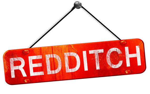 Redditch, 3D rendering, a red hanging sign
