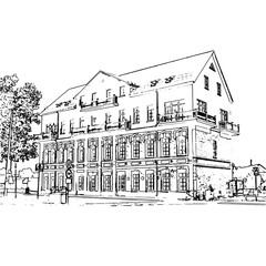 Vector black and white image of a building. Architecture of the early 20th century.