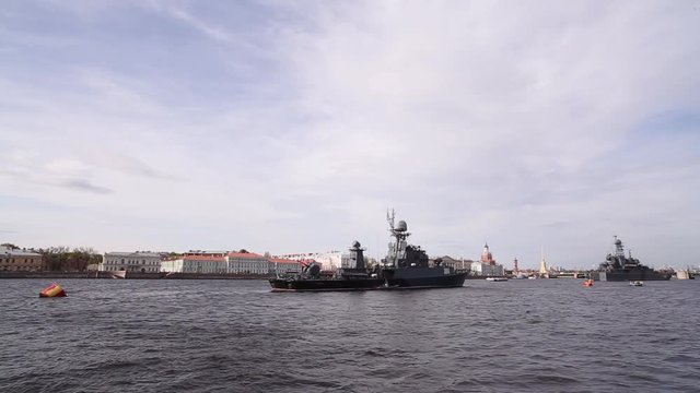 St. Petersburg. Warships On The Neva River