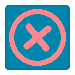 Cross red sign in blue square. Isolated on white background .Vector to right symbol marks. Cross sign picture. Blue sticker vector illustration. Flat vector image. Vector illustration.