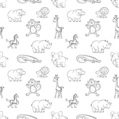 Obraz premium Wild animals lion elephant zebra hippo monkey seamless pattern cartoon style