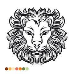 Wild lion coloring page with colors samples. Vector illustration