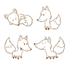 Cute cartoon foxes set. Funny forest animals. Four foxes  in different poses. Children's illustration. Vector contour image. Transparent background..