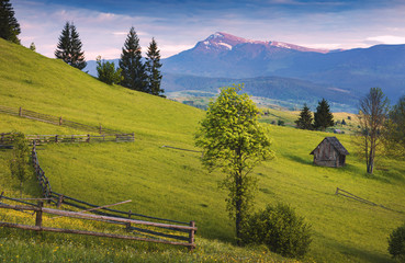 Spring village hills under Hoverla