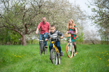 Fototapeta na wymiar Happy boy on a bicycle in front of and behind its parent in the spring blooming garden riding bikes. Family having fun against the fresh greenery
