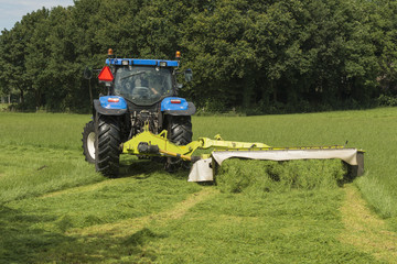 Obraz premium pasture mowing with blue tractor and mower