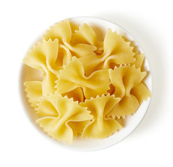 pasta in bowl isolated on white, from above