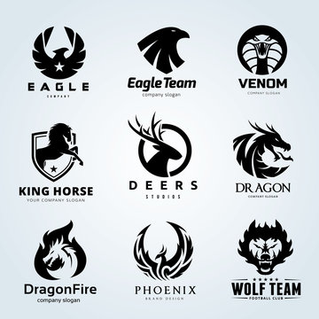 Animal logo collection. Animal logo set. Eagle logo. Snake logo. Dragon Logo, Fox and wolf logo. Deer logo. Horse logo. Bird Logo. Vector logo template.