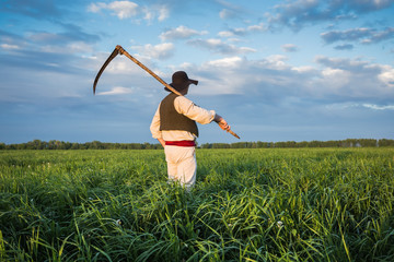 Farmer with a scythe on green field