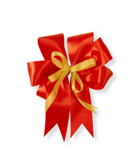 Red ribbon double bow on white background