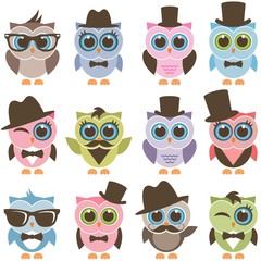 gentleman and hipster owl icons set