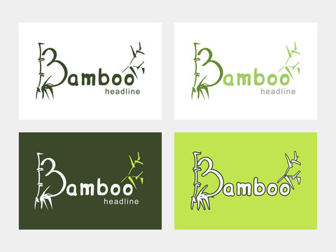 Set of bamboo logo, green bamboo stems and leaves