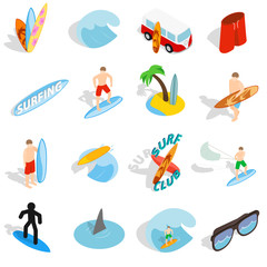 Surfing isons set, isometric 3d style