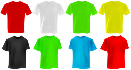Collection of different colored T-shirts isolated on white background