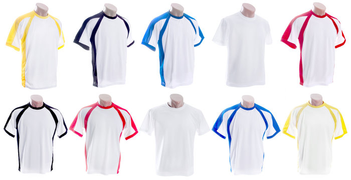 Collection of different White T-shirt with colored inserts on mannequinsi isolated on white background