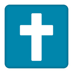White cross symbol vector icon. Blue square. Blue button.