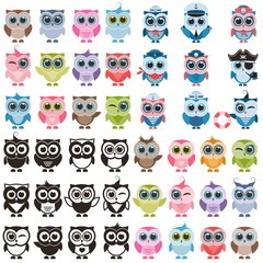 Fototapeta premium Funny colorful owls and isolated on white