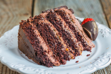 Piece of chocolate cake close up.
