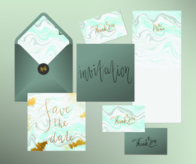 Wedding marble textured invitation suite. Invitation card, menu and envelope vector templates with grey, blue and ocean green liquid acrylic drips and hand written golden calligraphy elements.