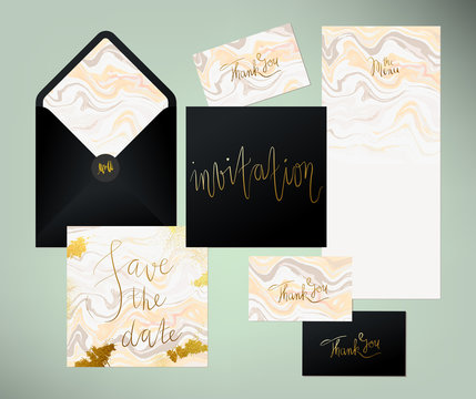 Wedding marble textured invitation suite. Invitation card, menu and envelope vector templates with peach pink and grey liquid acrylic drips and hand written golden calligraphy elements.