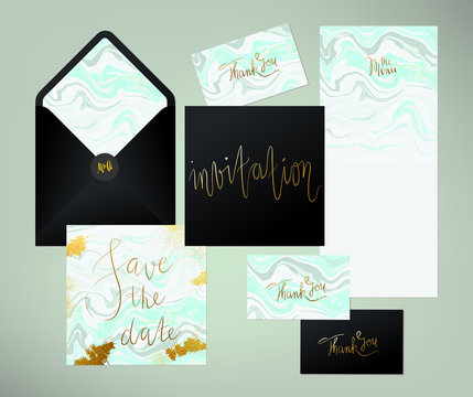 Wedding marble textured invitation suite. Invitation card, menu and envelope vector templates with grey, blue and ocean green liquid acrylic drips and hand written golden calligraphy elements.