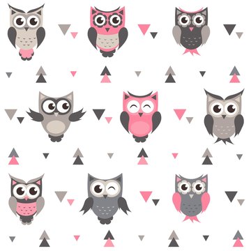 Background with owls, owlets and triangles