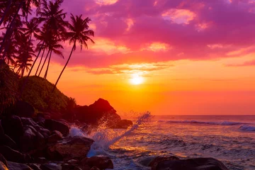 Foto op Canvas Tropical beach at sunset with palm trees silhouettes and shiny waves splashes © nevodka.com
