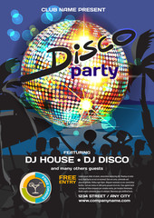 Vector summer party invitation disco style. Night beach, crowd w