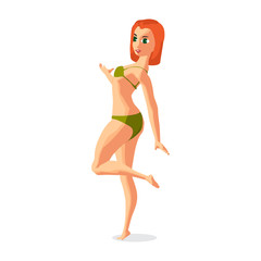 Red-haired woman dressed in green swimsuit is standing on one le